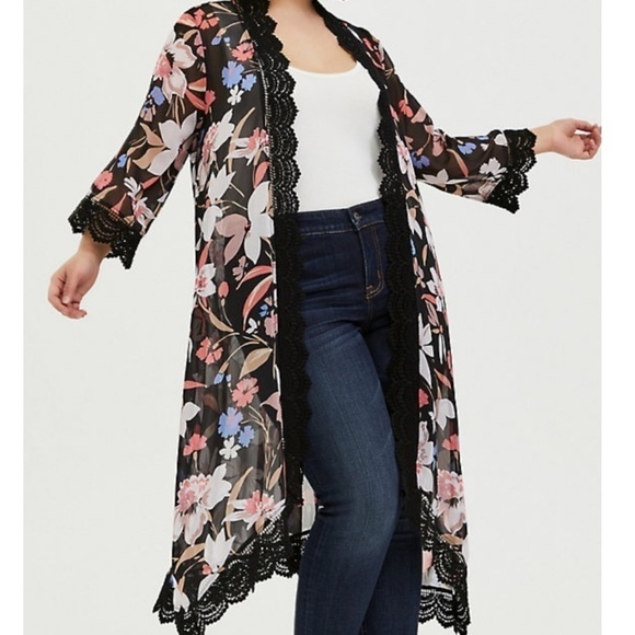 torrid Tops - Torrid floral chiffon crochet kimono duster 3/4
